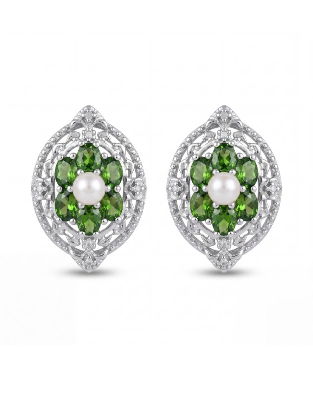 Natural Chrome Diopside, Pearl & Diamond Drop Earrings | 925 Silver | Fine Jewel